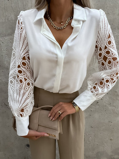 Blouse femme – Manches longues en dentelle – Coupe structurée – Fermeture boutonnée