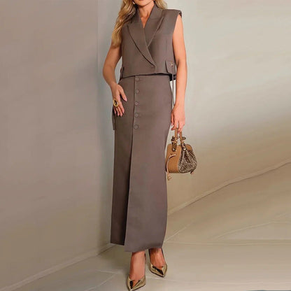 Ensemble Femme – Haut Court Sans Manches à Col Revers – Jupe Fendue Taille Haute