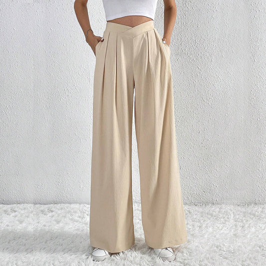 Pantalon femme large – Taille haute – Tissu léger – Coupe fluide avec plis et poches