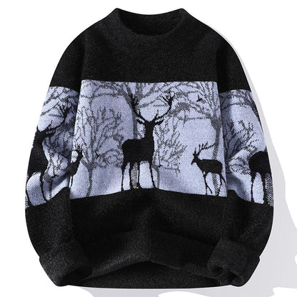 Homme Pull - Laine Mélangée - Col Montant - Motif Cerf - Manches Longues