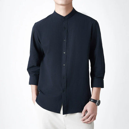 Homme Chemise - Tissu Tissé Texturé - Col Montant - Manches Trois-Quarts