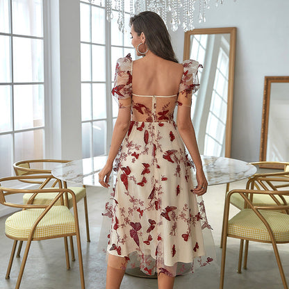 Robe Midi Femme - Épaules Dénudées - Broderie Florale et Papillons - Coupe Évasée