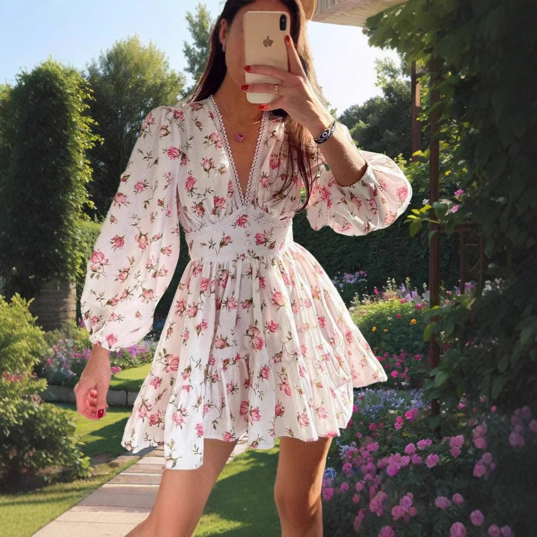 Robe Femme Évasée – Mini Longueur – Manches Bouffantes – Col V Dentelle – Imprimé Fleuri