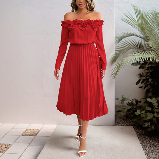 Robe femme épaules dénudées – Encolure à volants – Manches longues – Tissu fluide luxe
