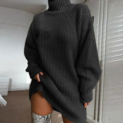 Robe Pull Femme – Coupe Oversize – Maille Côtelée – Col Cheminée – Manches Raglan