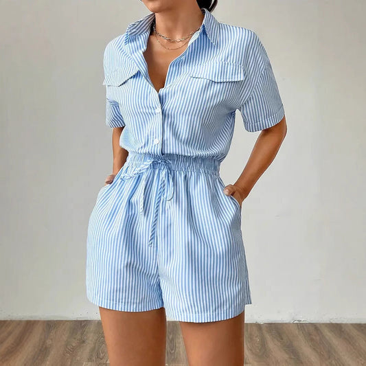 Combinaison Short Femme – Coton Léger – Taille Cintrée – Manches Courtes – Rayée