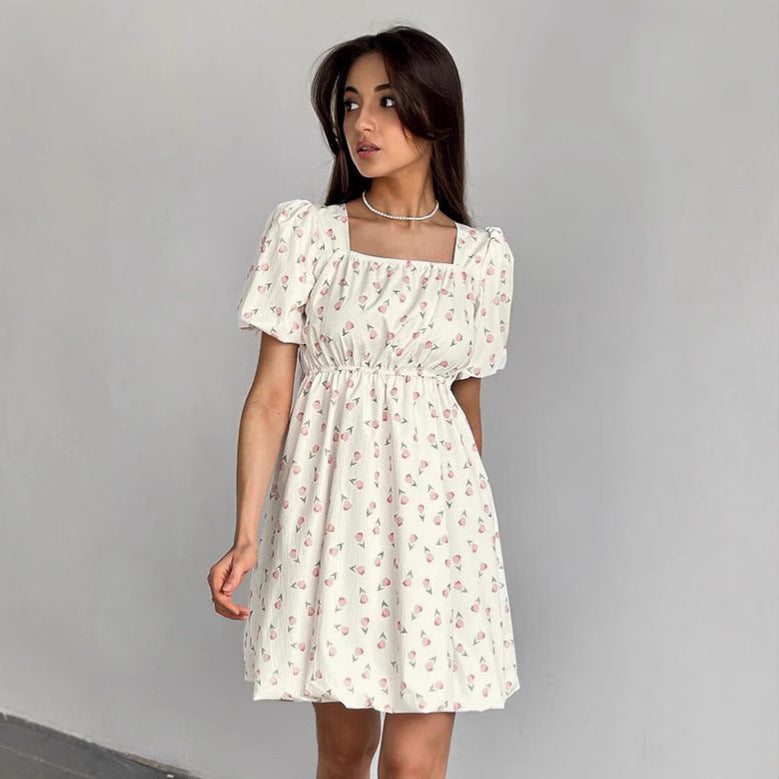 Robe femme évasée – Coton léger – Manches bouffantes – Imprimé fleuri – Col carré