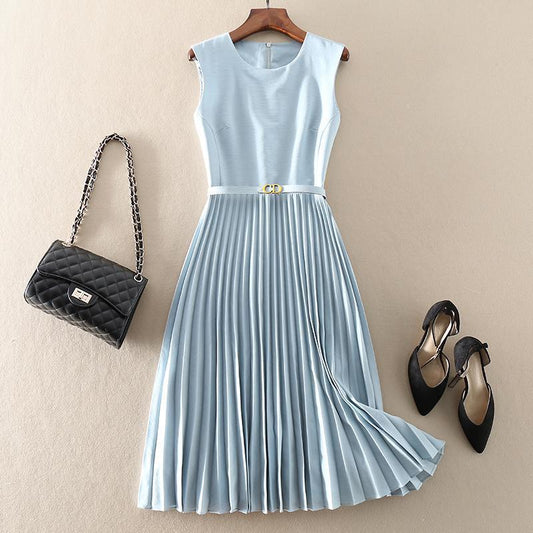 Robe midi femme – Tissu luxueux – Sans manches – Plissé – Coupe évasée élégante