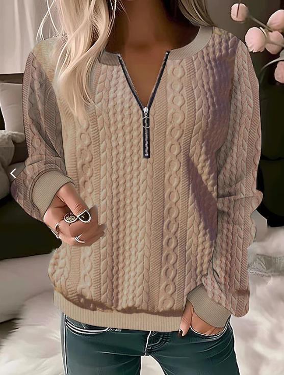 Pull femme – Tricot torsadé – Coupe décontractée – Col zippé ajustable – Laine douce