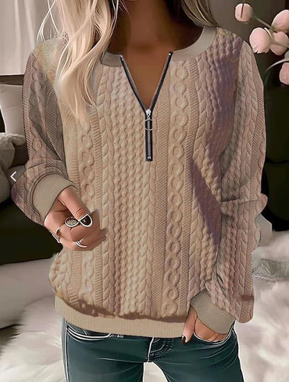 Pull femme – Tricot torsadé – Coupe décontractée – Col zippé ajustable – Laine douce