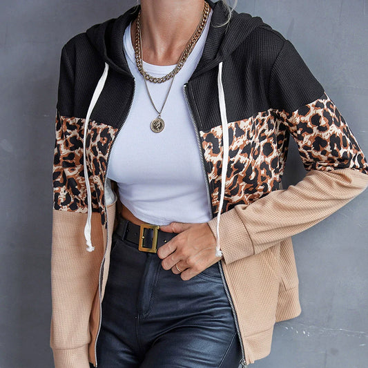 Sweat à capuche femme – Coupe décontractée – Patchwork – Tissu côtelé respirant – Zip frontal