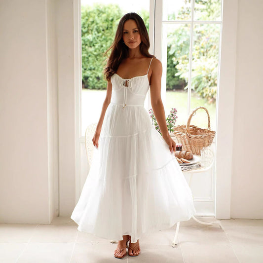 Robe longue femme – Bretelles fines – Dos nu – Coupe fluide – Tissu léger à volants