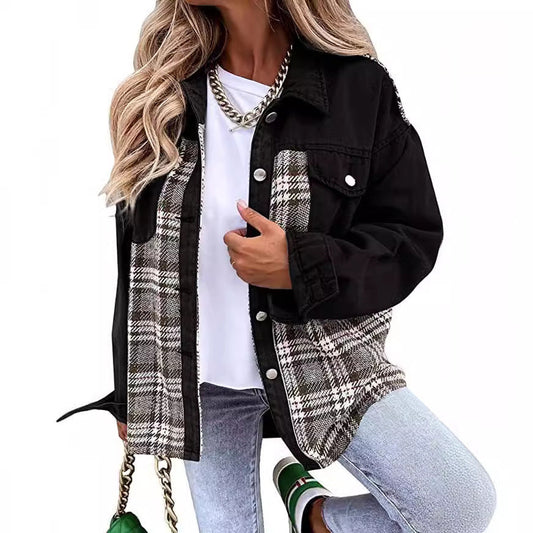 Veste femme – Coupe oversize – Empiècements jean et carreaux – Manches longues