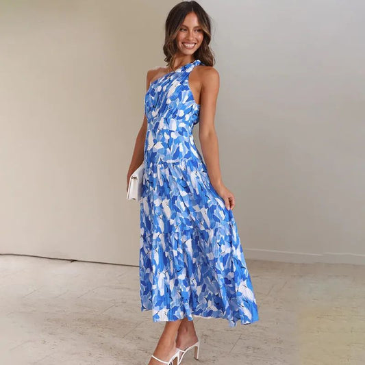 Robe longue femme – Une épaule – Coupe évasée – Sans manches – Tissu respirant imprimé