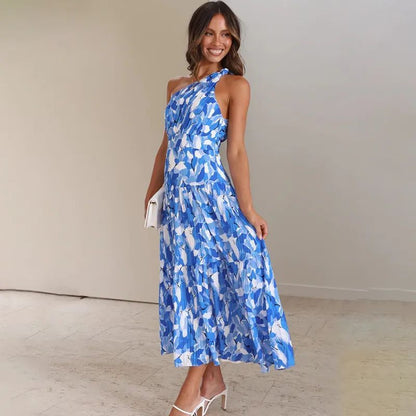 Robe longue femme – Une épaule – Coupe évasée – Sans manches – Tissu respirant imprimé