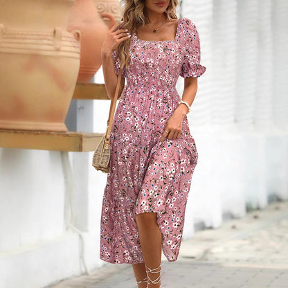Robe midi femme – Taille empire – Manches bouffantes – Imprimé fleuri – Coton mélangé