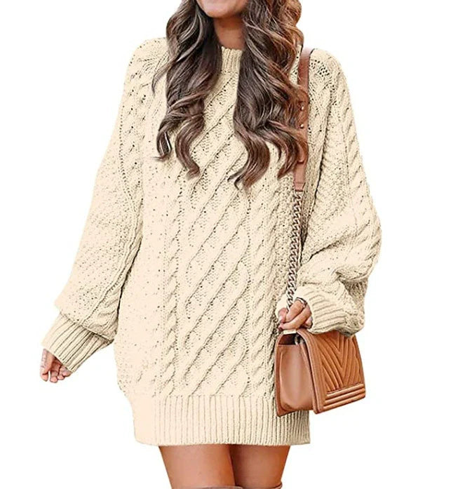 Robe Pull Femme – Coupe Oversize – Maille Torsadée – Longueur Genou – Manches Longues