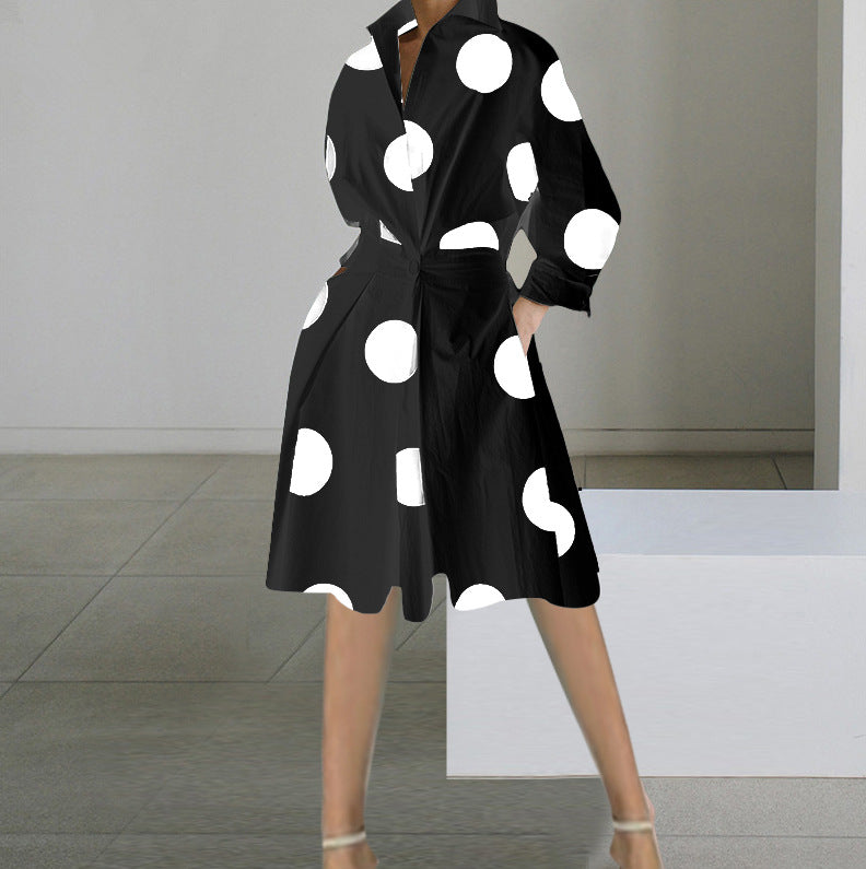 Robe mi-longue femme – Coupe fluide – Col en V – Manches longues – Motif à pois