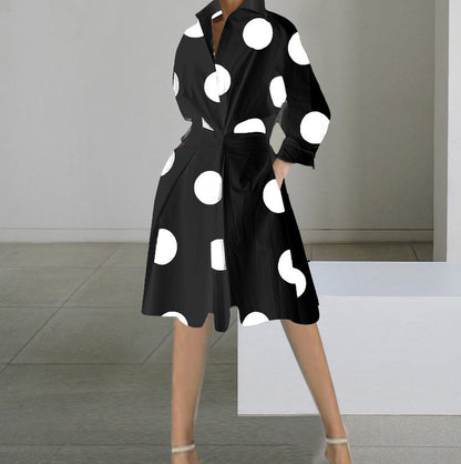 Robe mi-longue femme – Coupe fluide – Col en V – Manches longues – Motif à pois