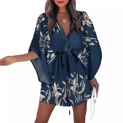 Robe fleurie à manches kimono pour femme - Boutonnée sur le devant - Ceinture à la taille
