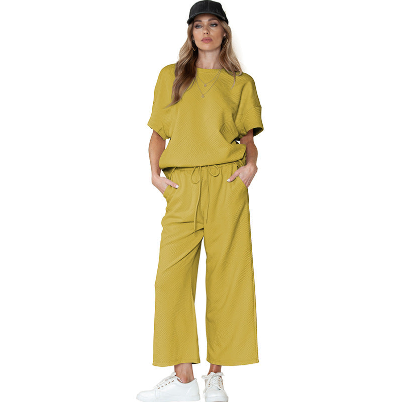 Ensemble Femme Décontracté – Tissu Texturé Léger – Coupe Ample – Taille Cordon Ajustable