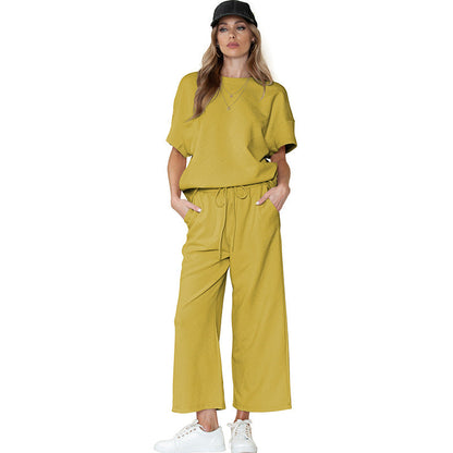 Ensemble Femme Décontracté – Tissu Texturé Léger – Coupe Ample – Taille Cordon Ajustable
