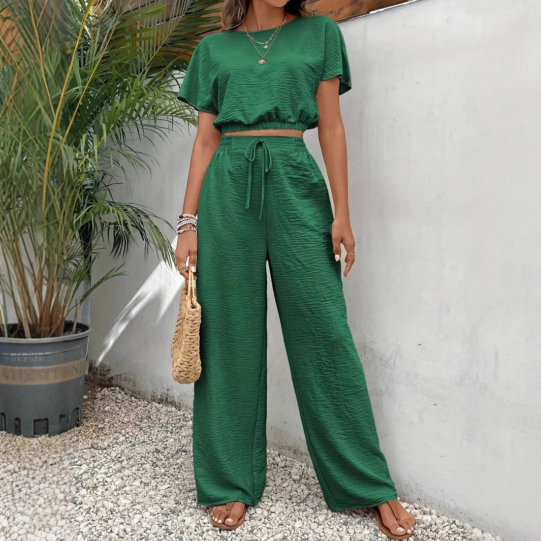 Ensemble Femme Deux Pièces – Haut Court Manches Chauve-Souris – Pantalon Large Cordon