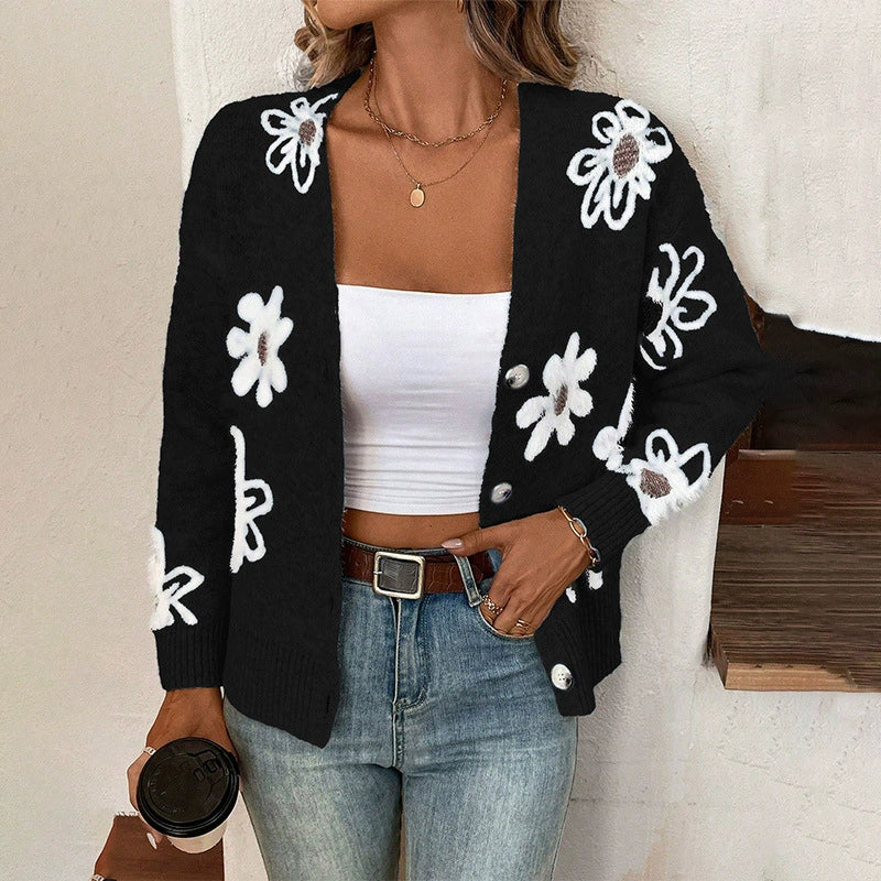 Gilet femme – Maille laine – Coupe décontractée – Motif jacquard floral – Boutonné