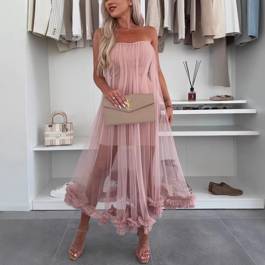 Robe midi femme – Sans bretelles – Coupe évasée – Tulle léger – Ourlet volanté