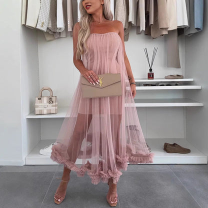 Robe midi femme – Sans bretelles – Coupe évasée – Tulle léger – Ourlet volanté