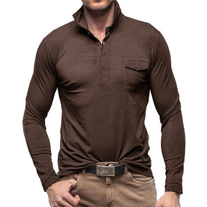 Chemise Henley homme – Manches longues – Coton – Col droit – Coupe régulière – Poche poitrine