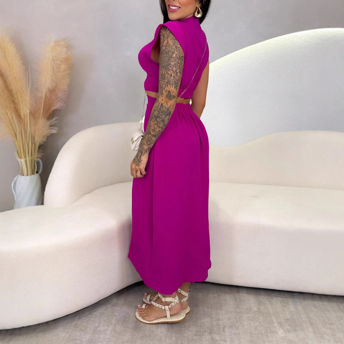 Robe midi femme – Coupe ajustée – Sans manches – Taille ajourée – Col montant
