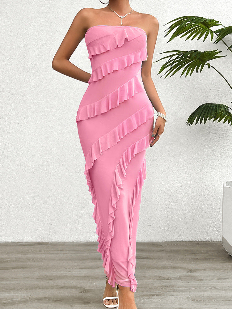 Robe femme bustier – Coupe moulante – Longue – Volants asymétriques élégants