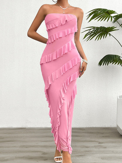 Robe femme bustier – Coupe moulante – Longue – Volants asymétriques élégants