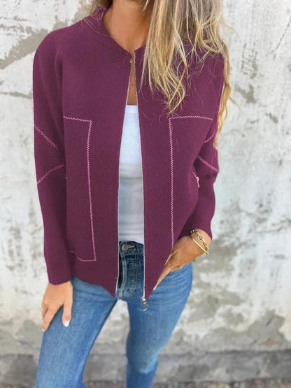 Veste tricotée femme – Laine – Coupe décontractée – Fermeture zippée – Poches latérales