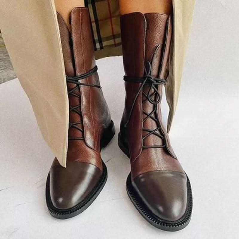 Bottes en Cuir pour Femme - Bout Pointu - Talon Bas - Lacets Ajustables - Confortables