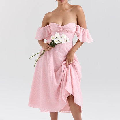 Robe midi femme – Dentelle élégante – Épaules dénudées – Dos nu – Manches volantées
