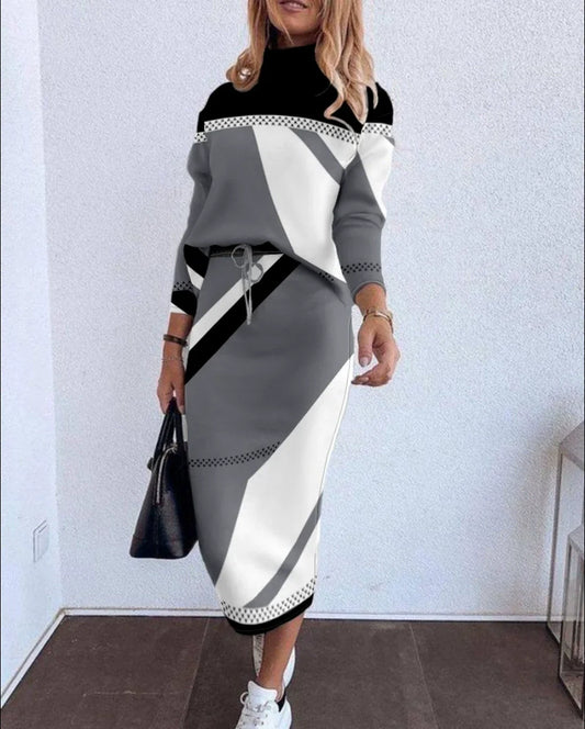 Ensemble Femme Deux Pièces – Maille Stretch – Haut Manches Longues – Jupe Midi Ajustée
