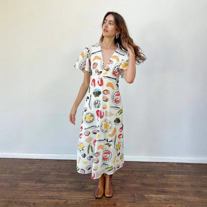 Robe femme midi – lin respirant – coupe ample – manches courtes – imprimé graphique