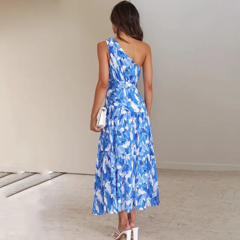 Robe longue femme – Une épaule – Coupe évasée – Sans manches – Tissu respirant imprimé
