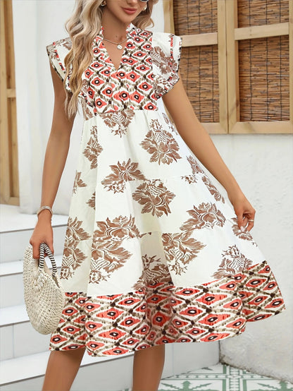 Robe midi femme – Col en V – Manches courtes – Coupe décontractée – Tissu respirant – Imprimé bohème