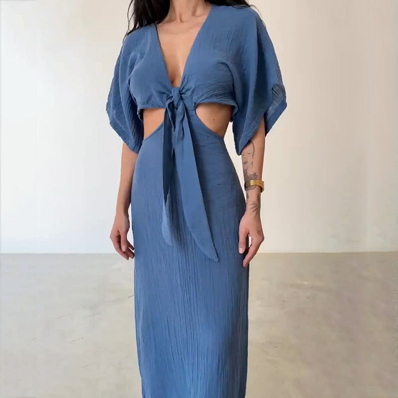 Robe longue femme – Coupe slim – Décolleté V – Dos nu – Découpes à la taille – Manches courtes