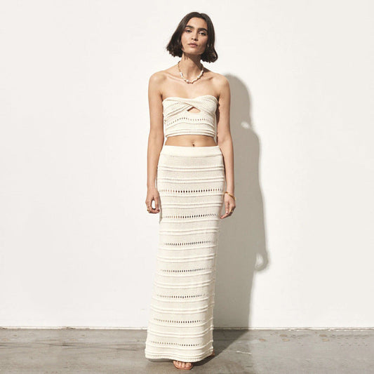 Ensemble Deux Pièces Femme – Crochet Respirant – Bandeau Twist – Jupe Midi Taille Haute