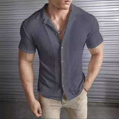 T-shirt homme – Coupe slim – Maille gaufrée – Manches courtes – Boutonnage frontal