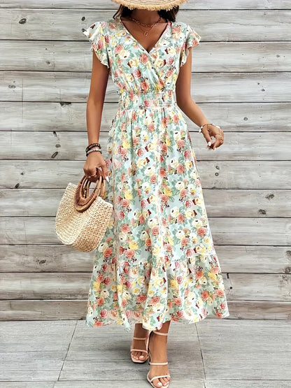 Robe longue femme – Coton léger – Imprimé fleuri – Volants – Manches papillon