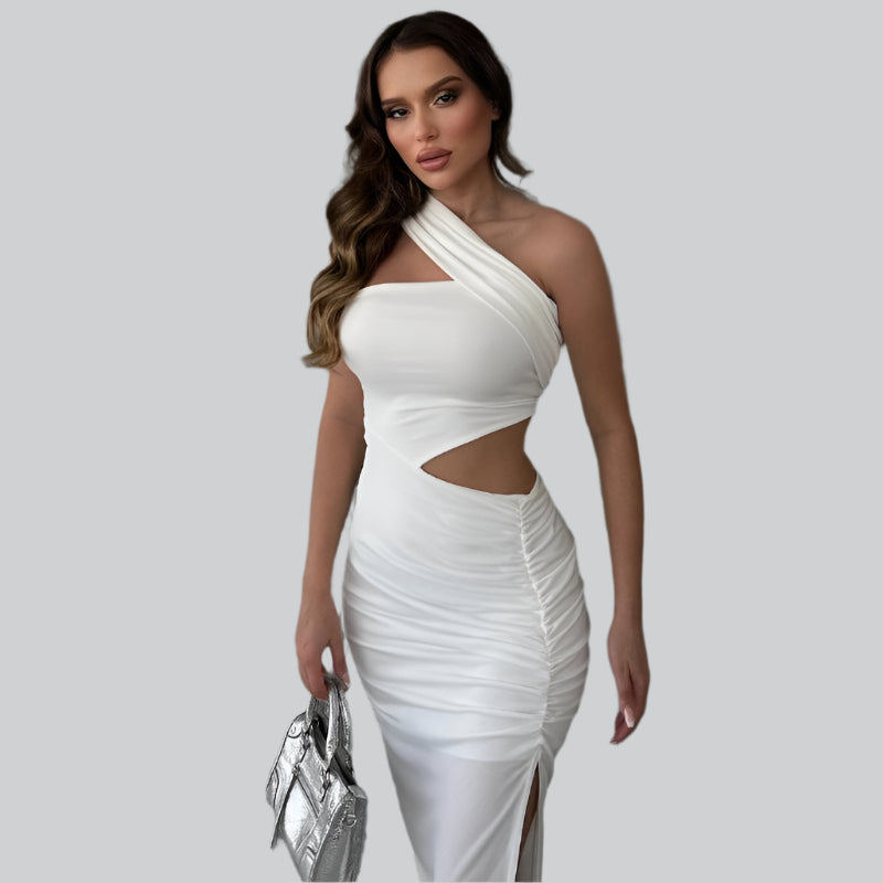 Robe longue asymétrique élégante à une épaule et découpes pour femme