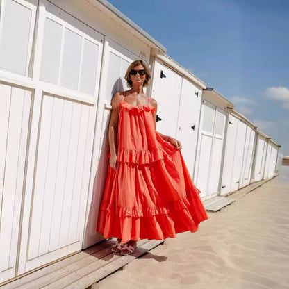 Robe longue femme – Coupe fluide – Bretelles fines – Encolure à volants – Jupe à étages