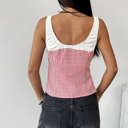 Débardeur femme – Coupe moulante – Col rond – Imprimé vichy – Coton mélangé court