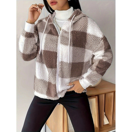 Veste Cardigan Femme – Coupe Ample – Motif Carreaux – Capuche – Tissu Doux Flaqué