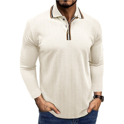 Polo homme manches longues – Coupe cintrée – Maille texturée – Col rayé